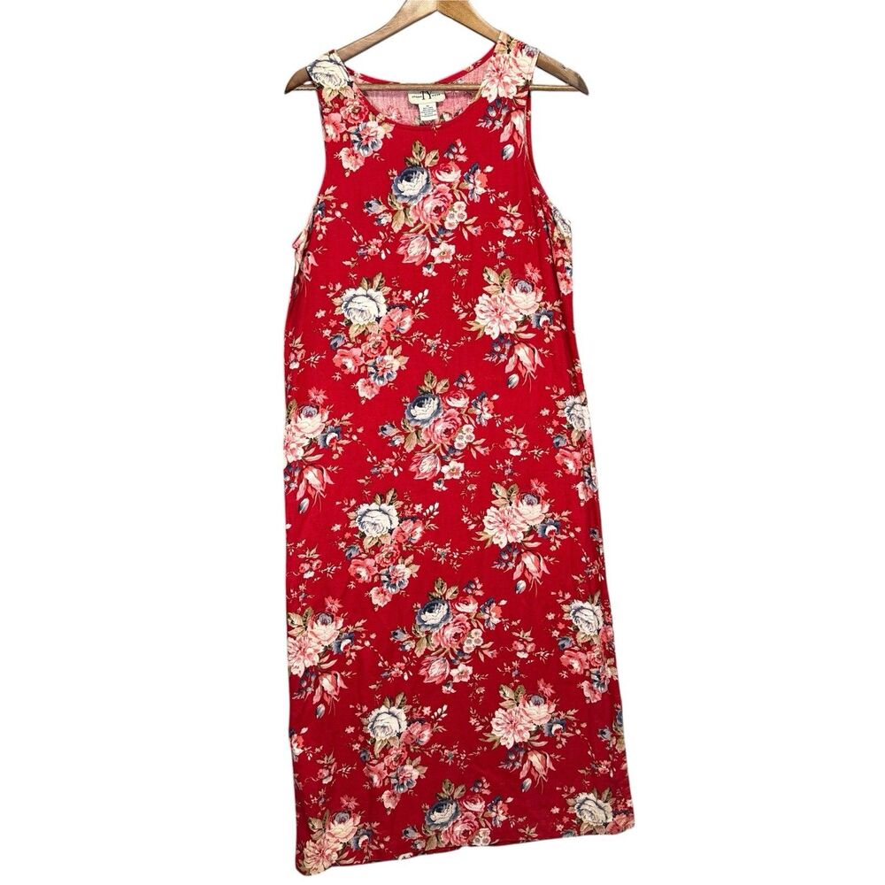 Vintage 90s TY Wear Linen Blend Floral Sun Dress Red 10 Sleeveless Maxi